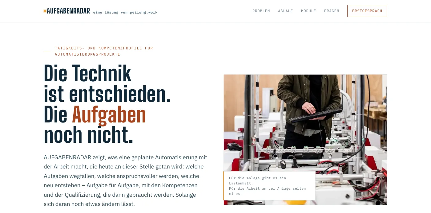 Startseite von AUFGABENRADAR, dem Verfahren zur Analyse der Arbeitsfolgen geplanter Automatisierung