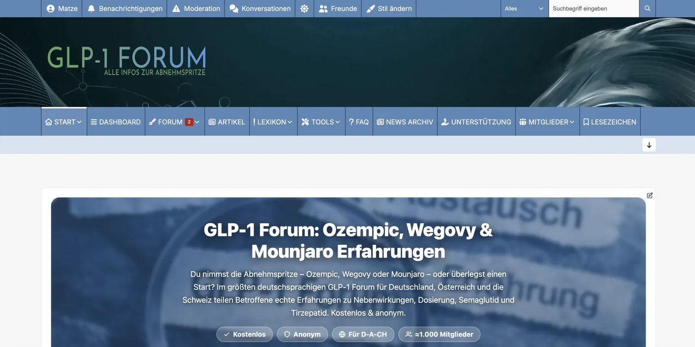 Startseite von glp-1forum.de, der deutschsprachigen Selbsthilfe-Community für GLP-1-Medikamente