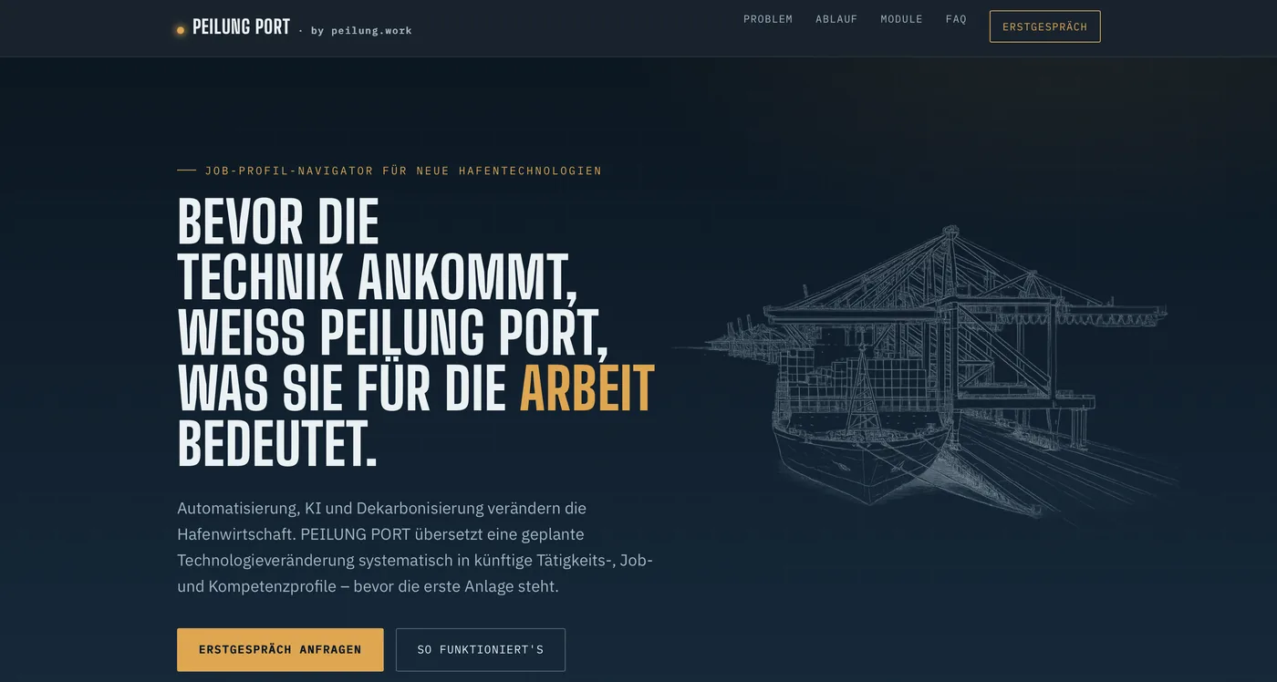 Startseite des Konzeptprojekts PEILUNG PORT, Job-Profil-Navigator für neue Hafentechnologien