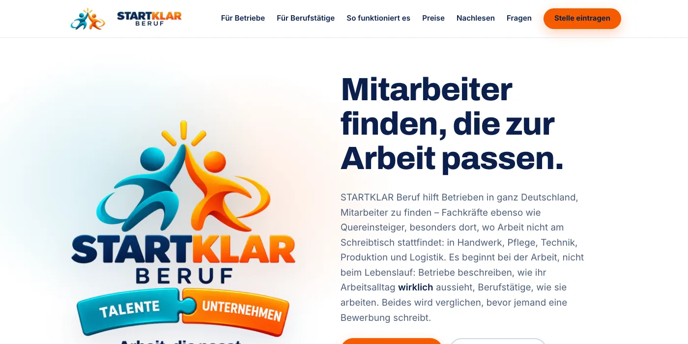 Startseite von STARTKLAR Beruf: Mitarbeiter finden, die zur Arbeit passen
