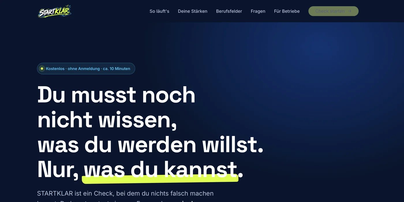 Startseite von STARTKLAR, dem kostenlosen Stärken-Check zur Berufsorientierung