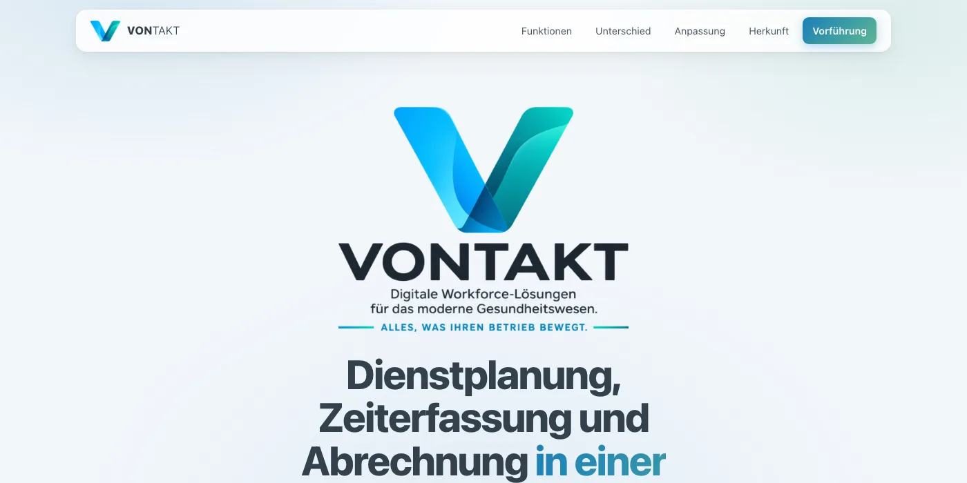 Startseite von vontakt.de, der Webanwendung für Dienstplanung, Zeiterfassung und Abrechnung